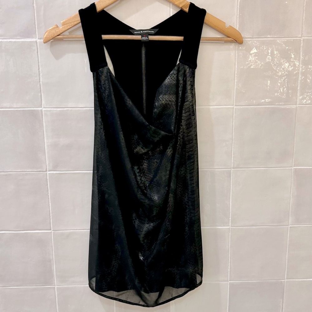 Rock & Republic Black Sleeveless Top, Zip Back, Lined, Scoop Neck, Shimmer, Sz S